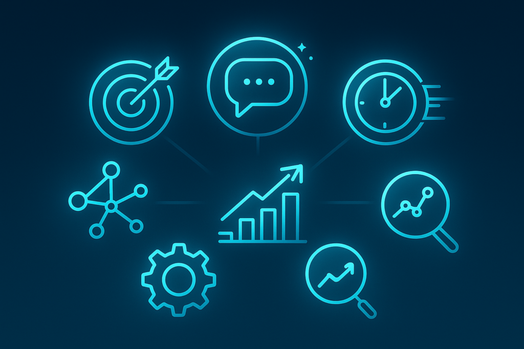 Seven glowing interconnected nodes representing sales features on a dark neon tech background.