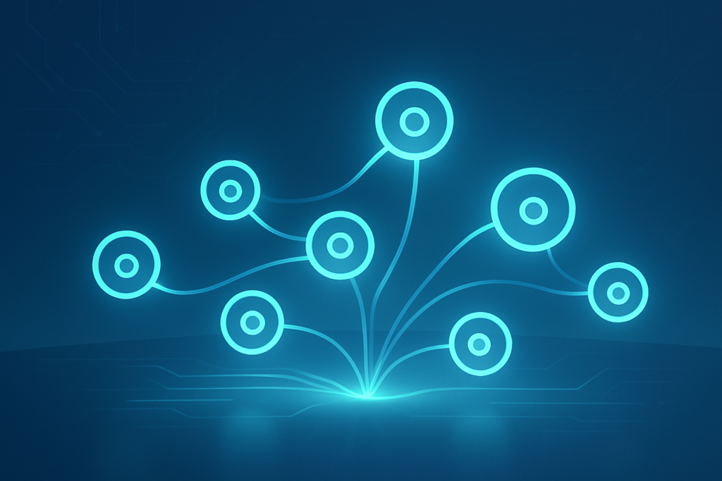 Seven glowing interconnected nodes with digital pathways over a reflective surface in a futuristic setting.