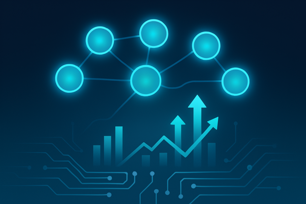 Seven glowing neural nodes with digital graphs and upward arrows on a dark tech background.