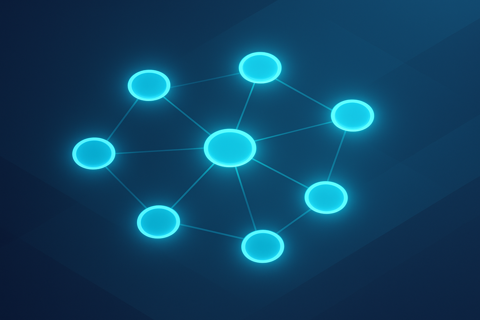 Seven interconnected glowing cyan nodes forming a network on a dark blue gradient background.
