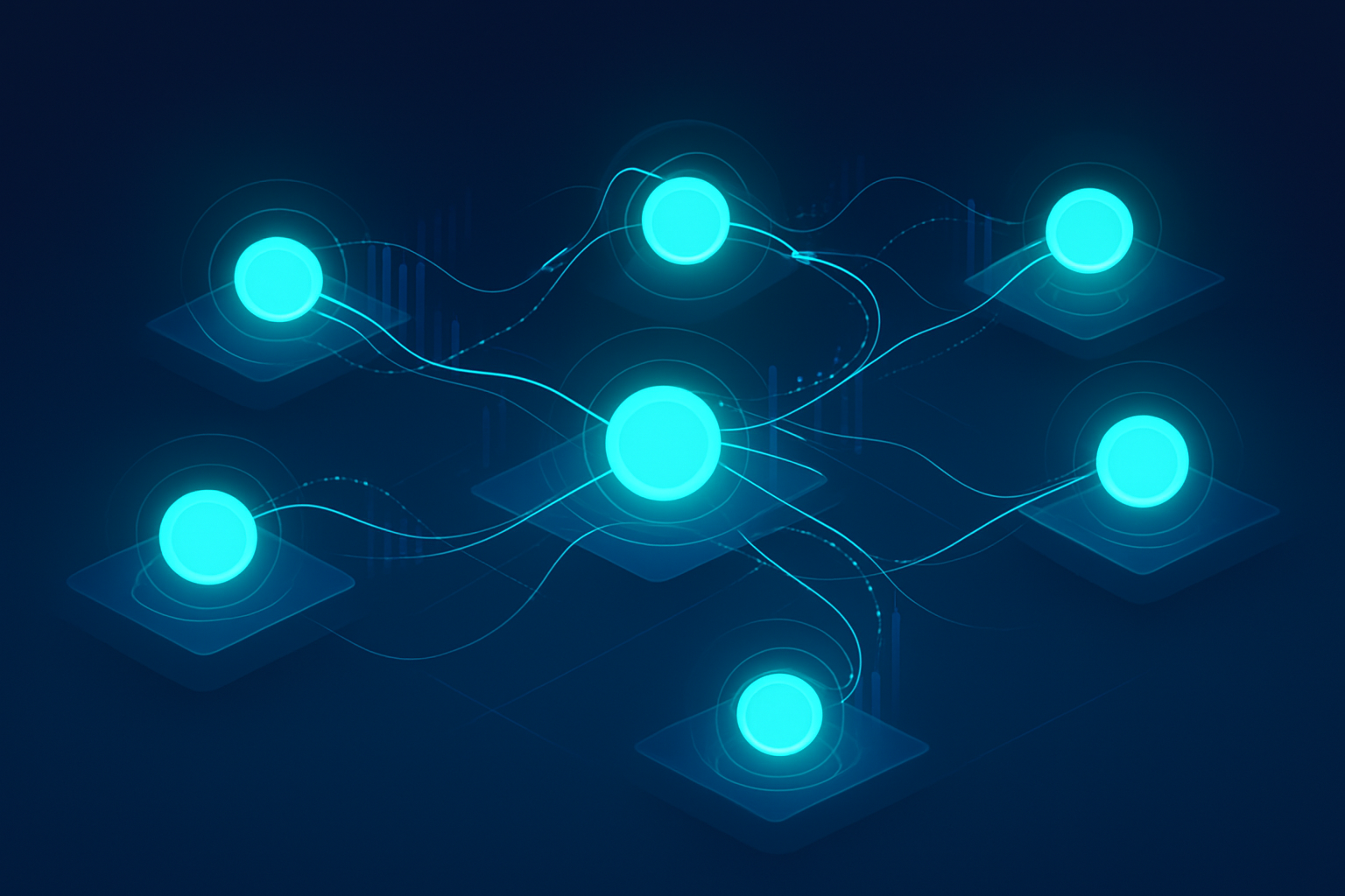 Seven interconnected glowing cyan nodes with data streams in a dark, tech-inspired space.