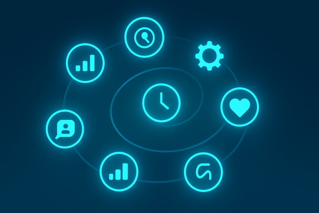 Seven interconnected glowing neon cyan nodes forming a spiral in a dark, futuristic digital ecosystem.