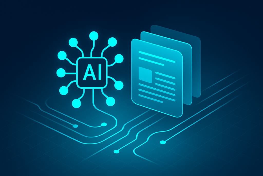 Sleek dark gradient background with glowing neural networks, data streams, and holographic pages.