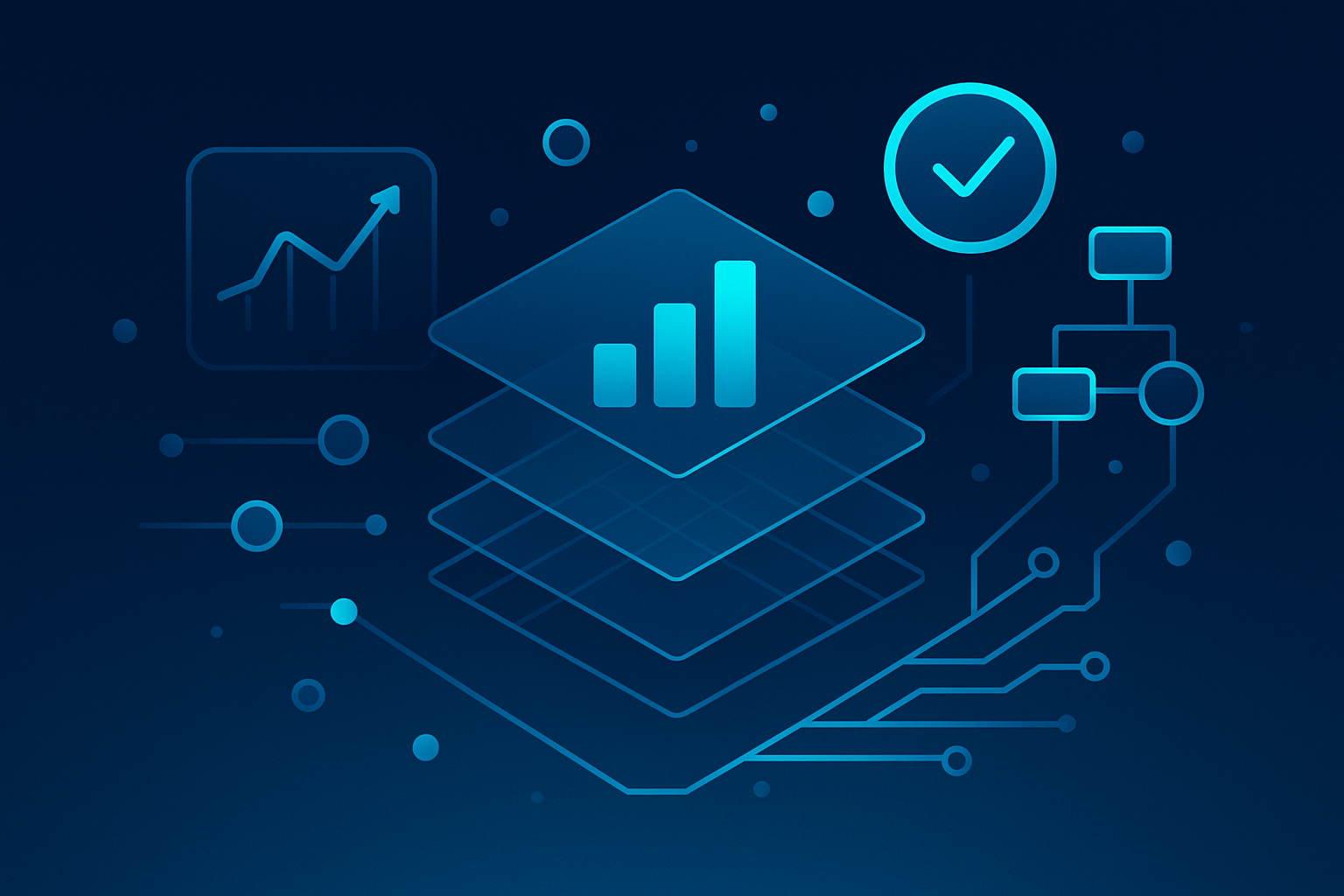 Sleek digital ecosystem with interconnected geometric shapes, glowing icons, and network lines.