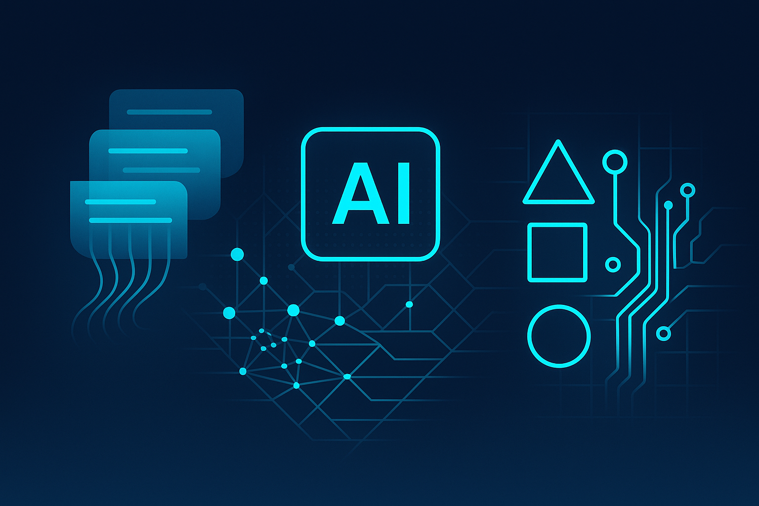 Sleek digital illustration of AI newsletter process with glowing data streams, nodes, and circuits.