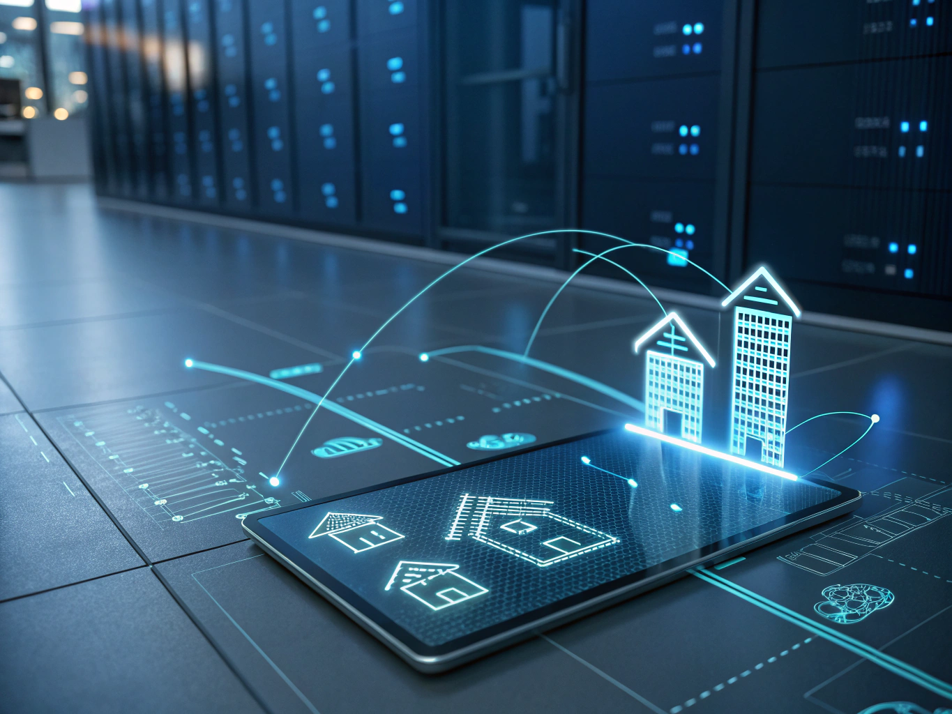 Sleek digital illustration of data flows between buildings and documents in a neon-lit tech scene.