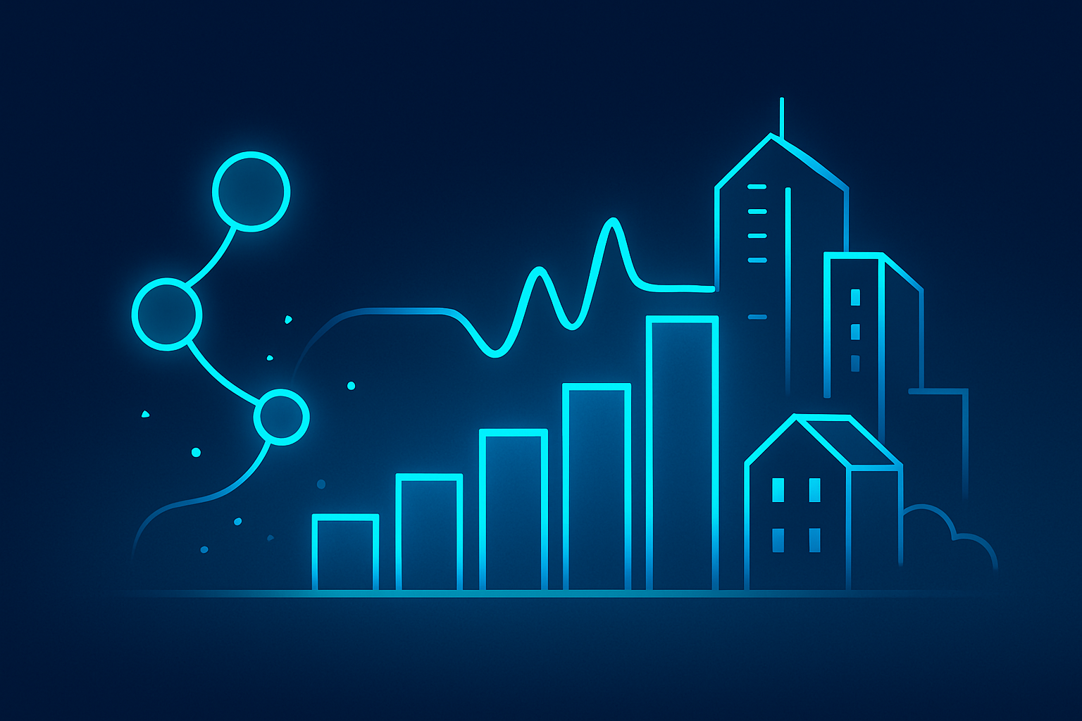 Sleek digital illustration of data nodes, bar graphs, pulse lines, and architectural outlines in neon blue.