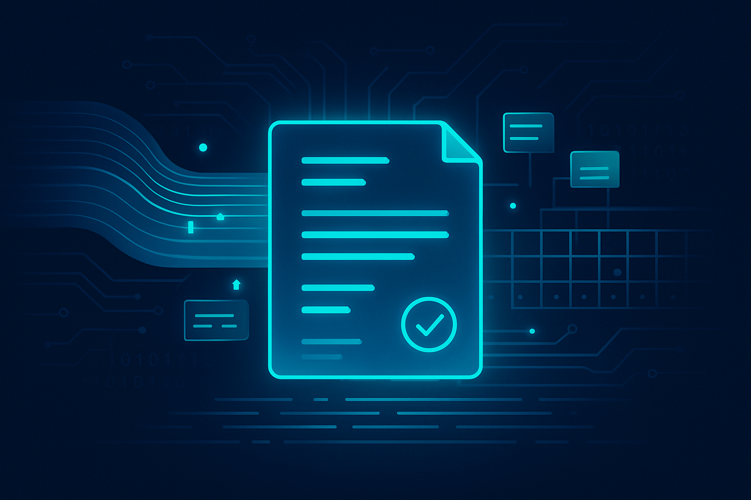 Sleek digital illustration of data streams, circuit patterns, glowing nodes, and holographic text in dark blue and cyan.