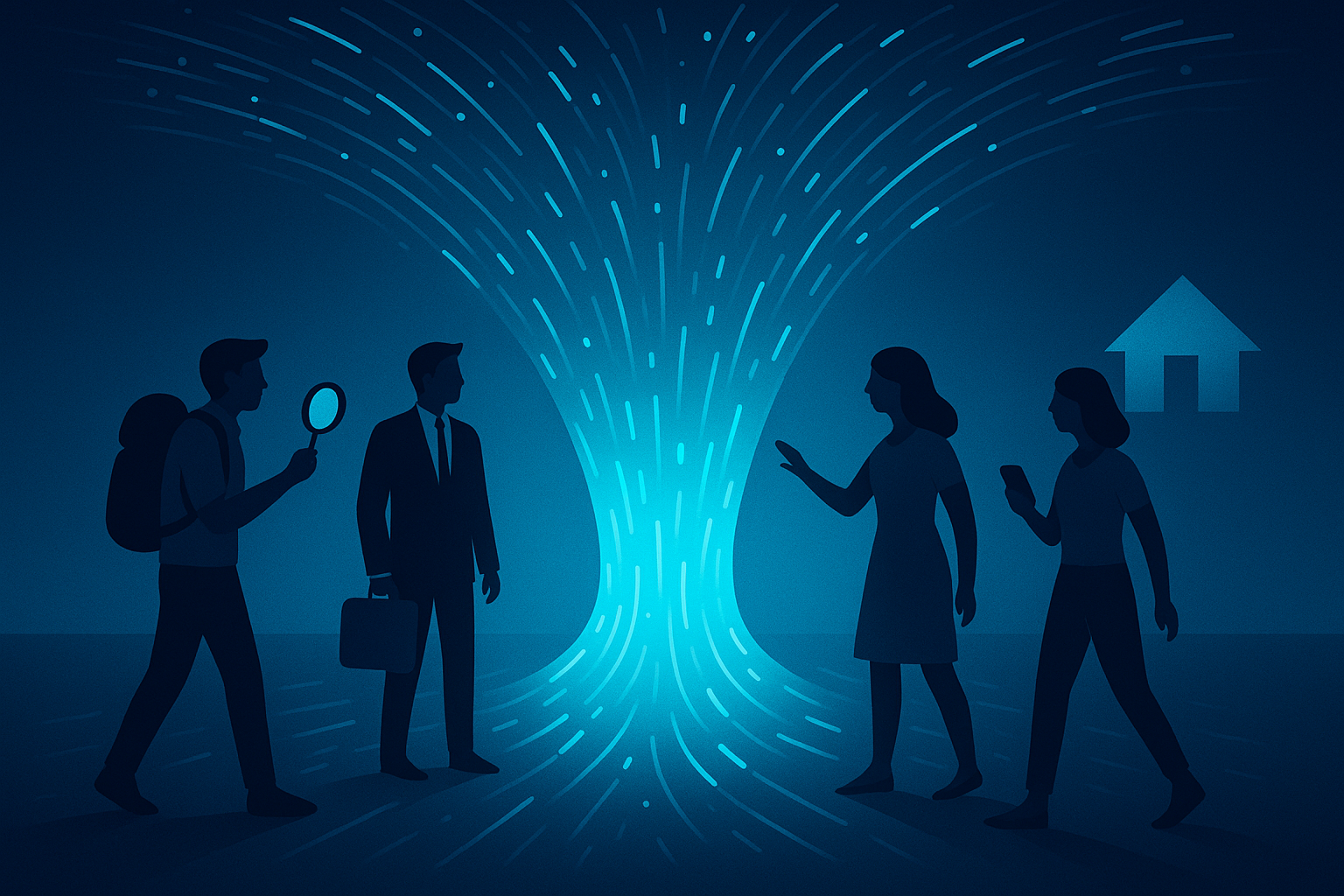 Sleek digital illustration of data streams converging into a luminous funnel with diverse figures searching and connecting.