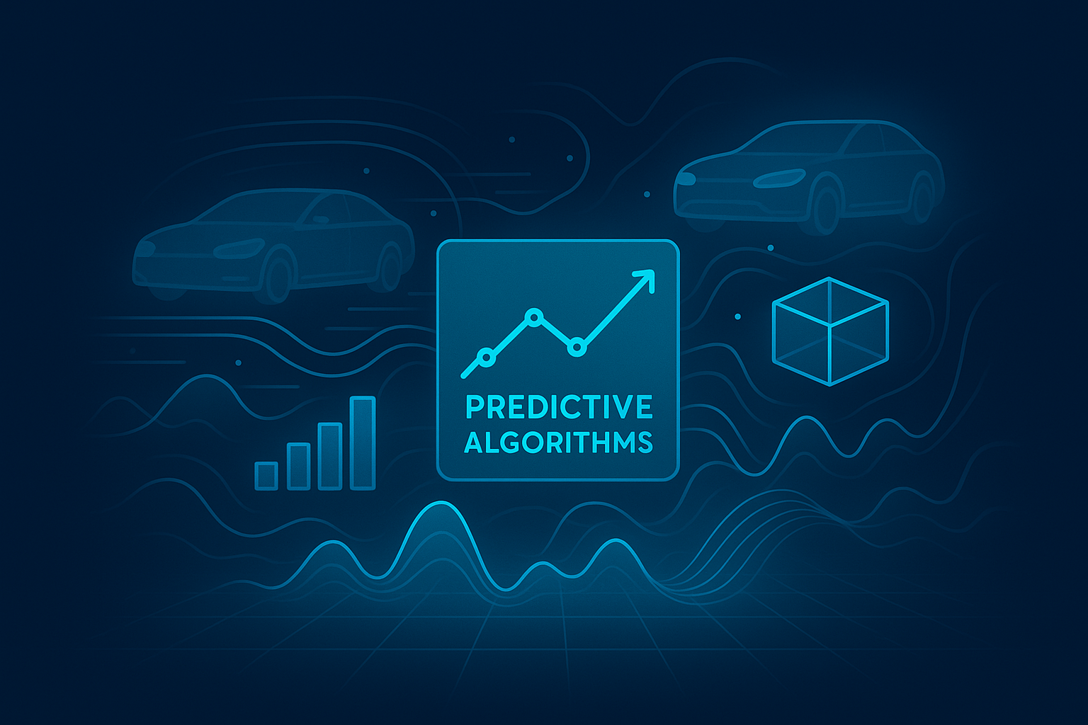 Sleek digital illustration of holographic data streams, geometric shapes, and translucent cars.