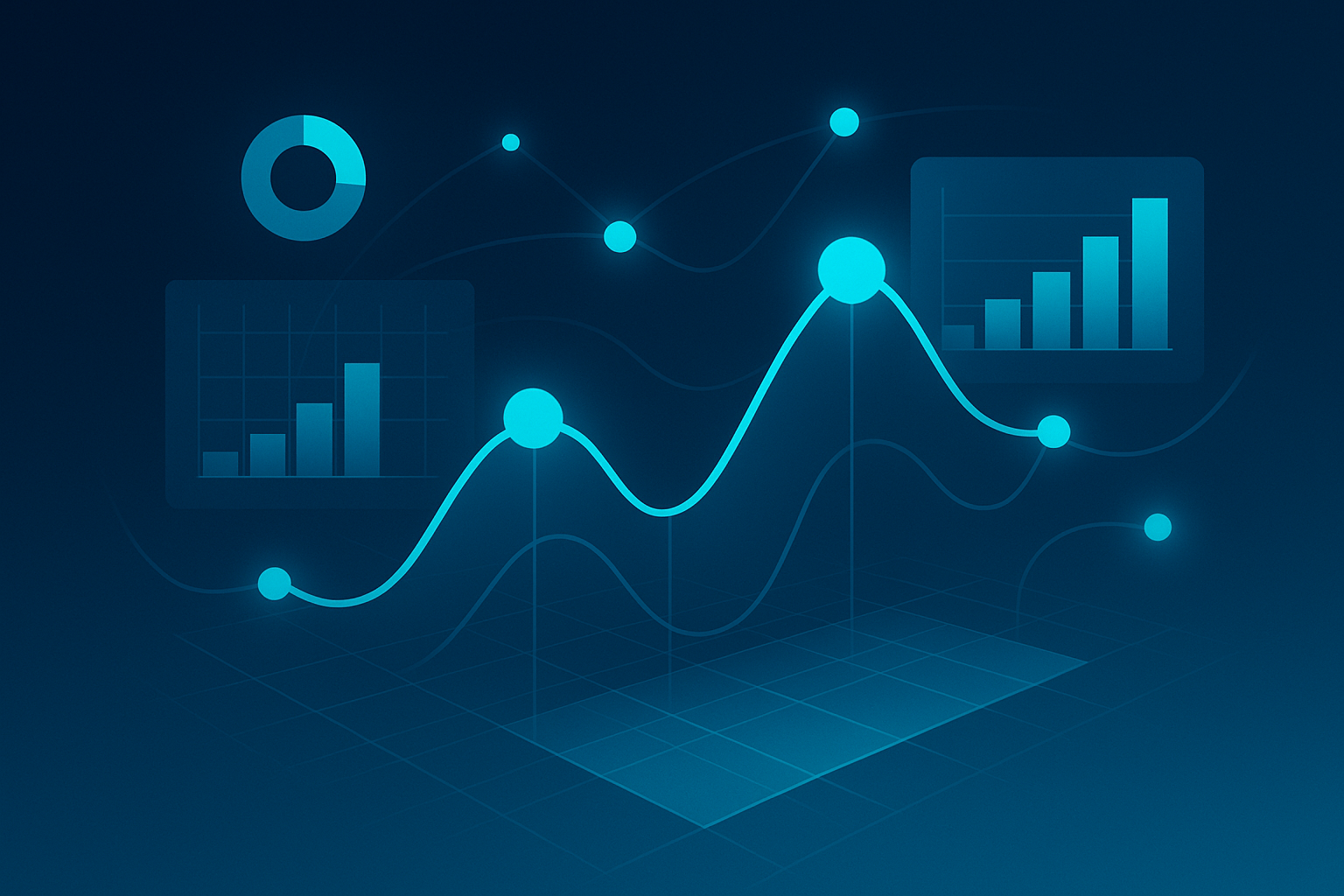 Sleek digital illustration of interconnected data nodes, charts, and geometric shapes in neon cyan on dark blue background.