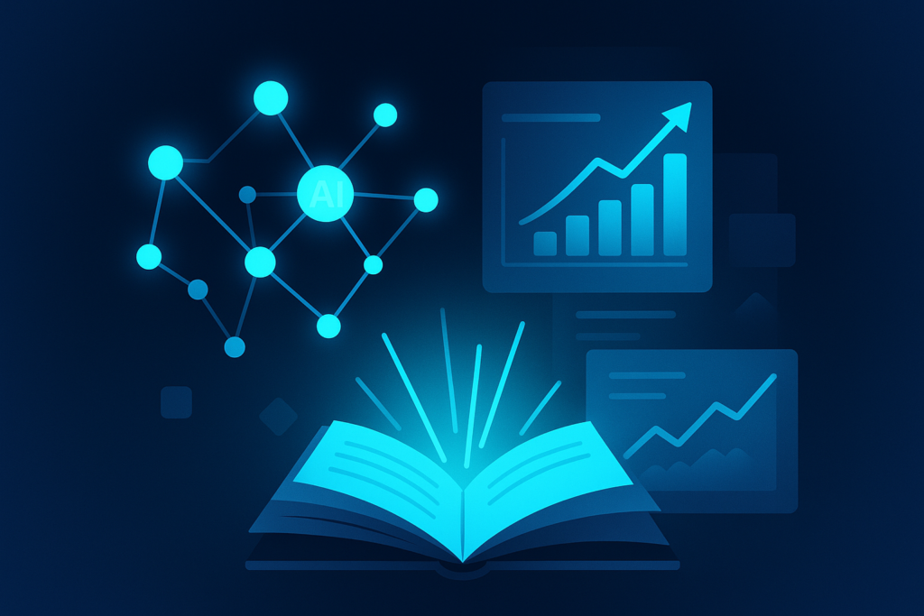 Sleek digital illustration of neural nodes, charts, arrows, and a guidebook on a dark blue gradient background.