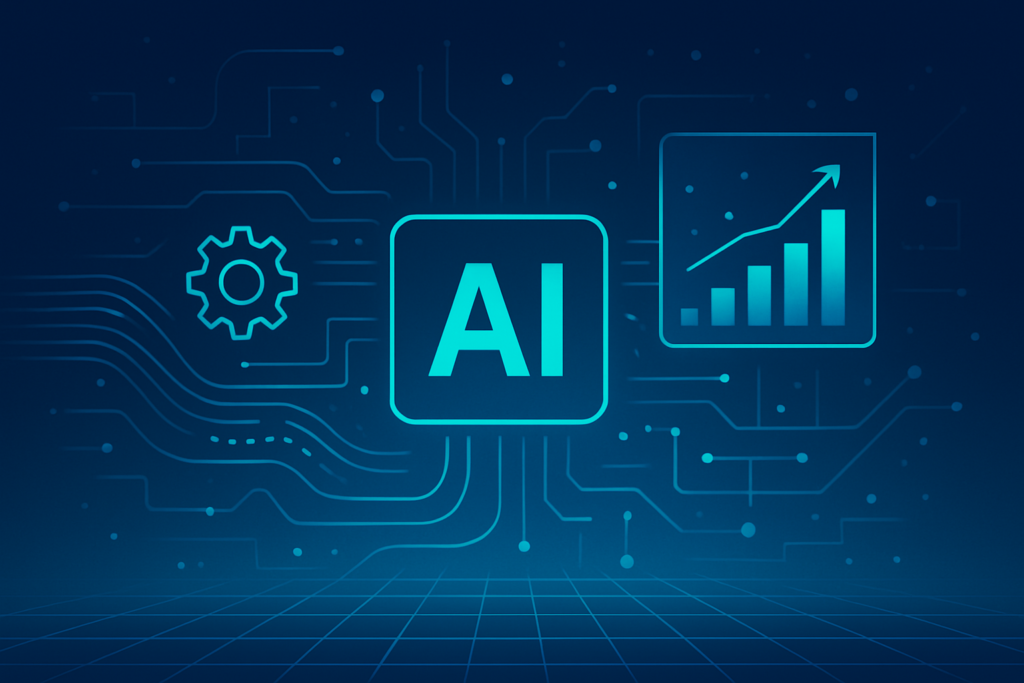 Sleek digital illustration with interconnected shapes, holograms, and data streams in blue neon glow.