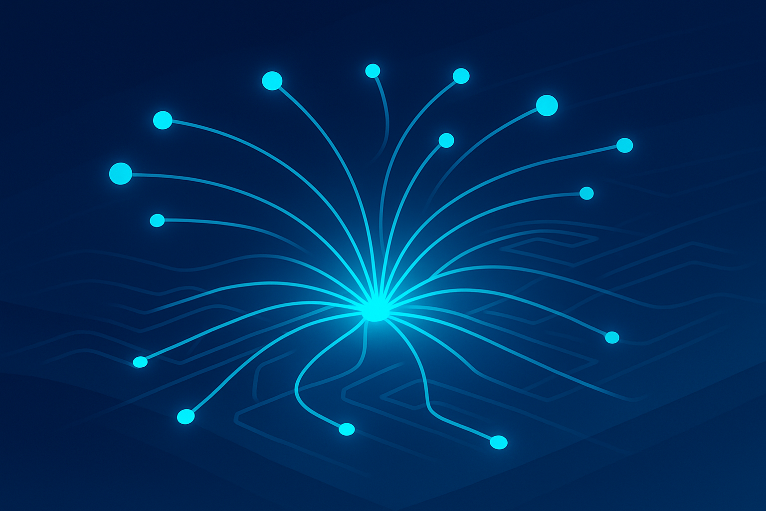 Sleek digital network with glowing cyan lines and nodes radiating from a central core.