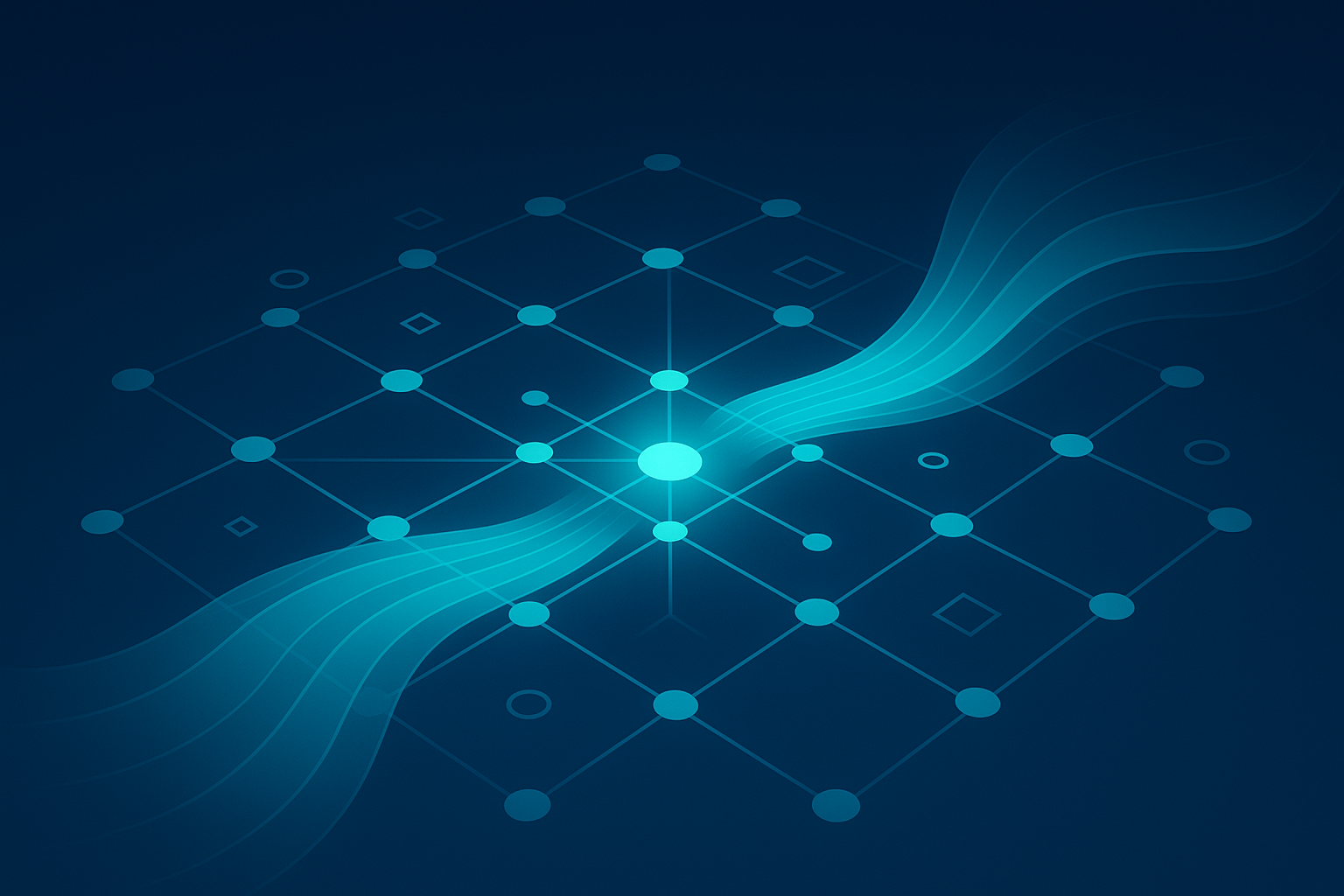Sleek digital nexus with glowing cyan nodes and data streams on dark blue background.
