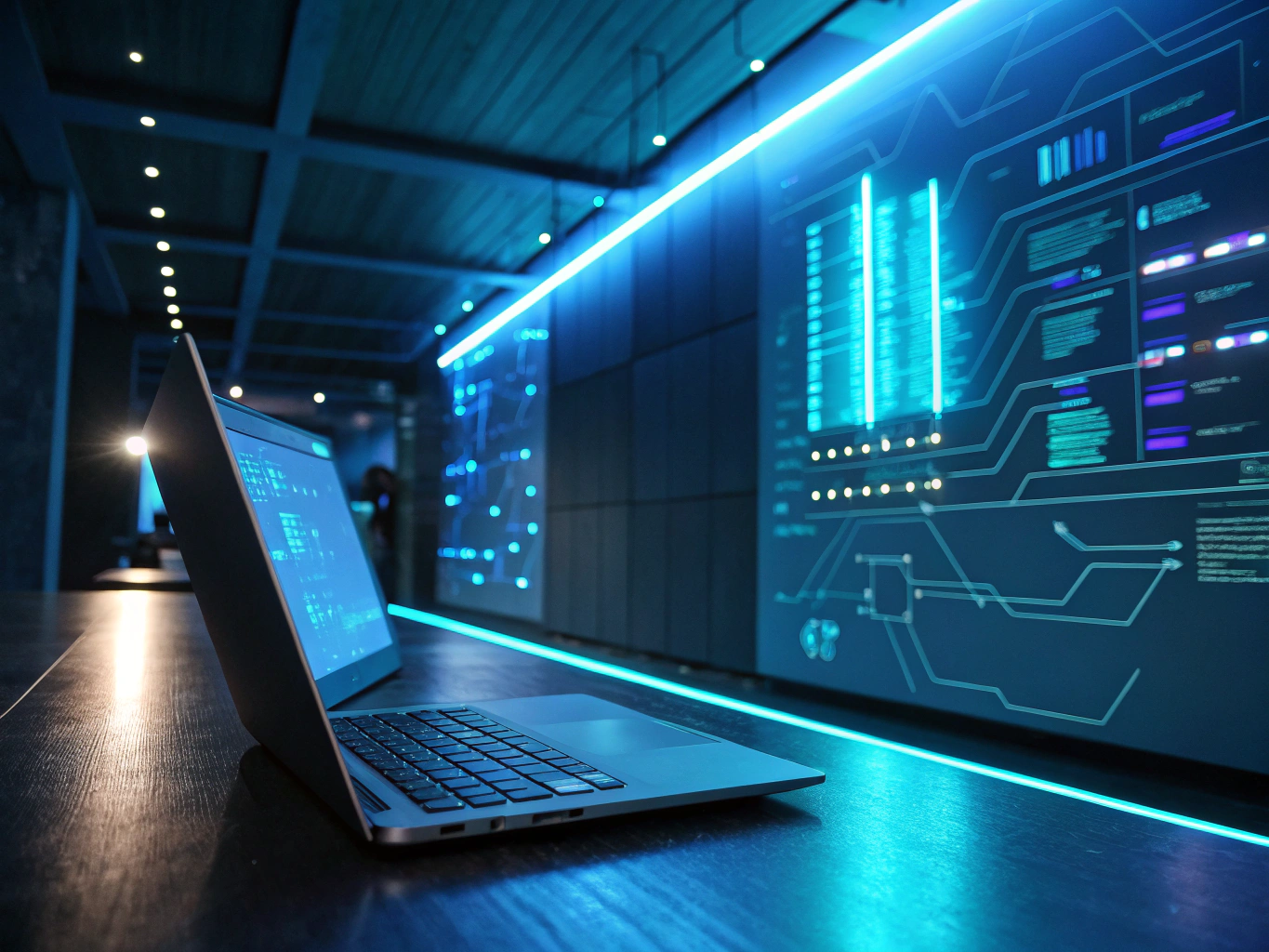 Sleek digital workspace with glowing data streams, fragmented call logs, and notes in neon blue tones.