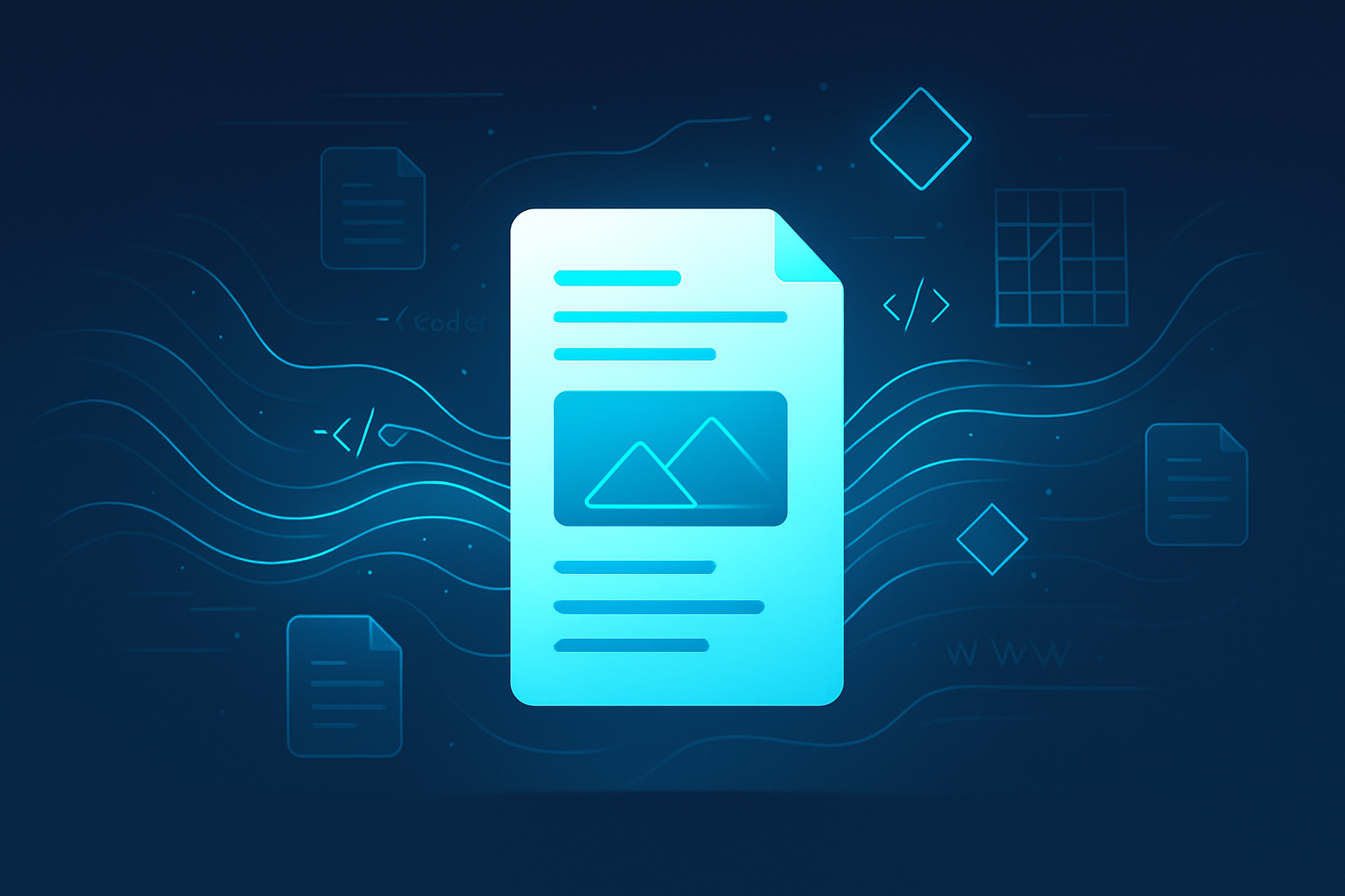 Sleek flat illustration with data streams, glowing code, geometric shapes, and floating document icons.