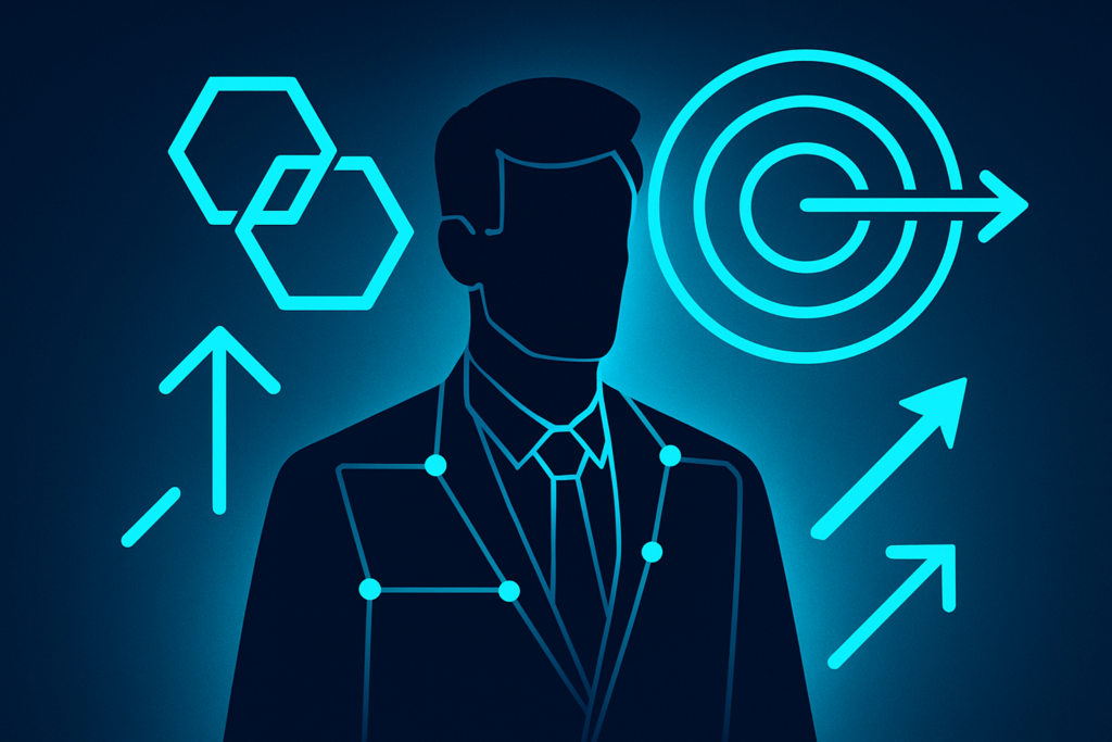 Stylized executive silhouette surrounded by geometric shapes on a dark neon-lit tech background.