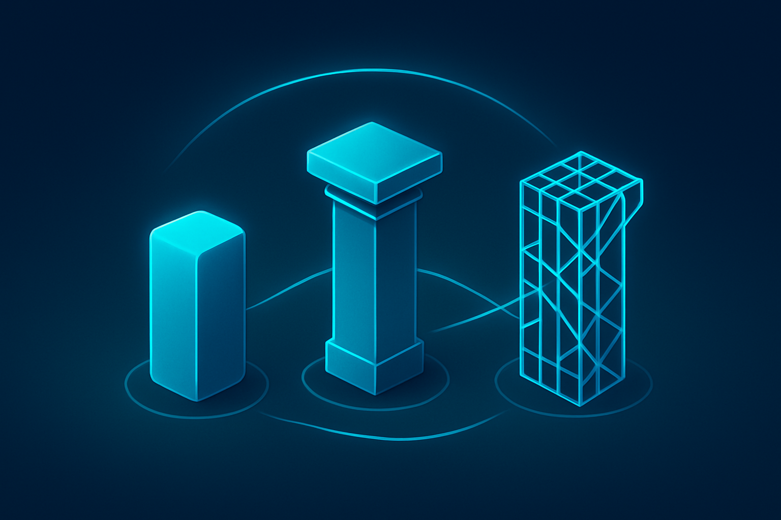 Three glowing, abstract pillars representing no-code, low-code, and custom development pathways.