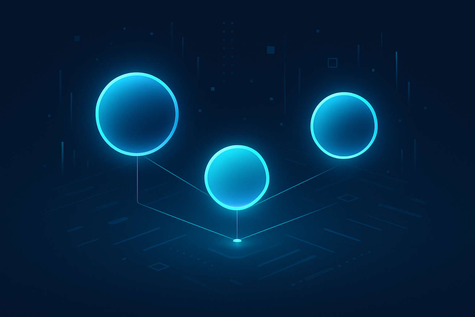 Three glowing neon orbs connected by cyan lines over a dark tech background, symbolizing AI strategies.
