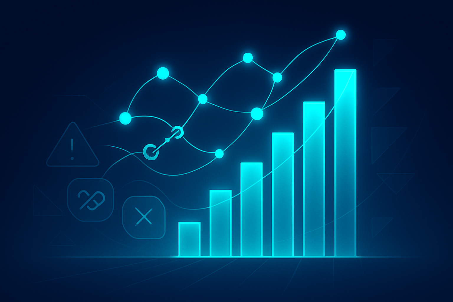 Abstract data ecosystem with glowing cyan streams, interconnected nodes, rising bars, and geometric shapes.