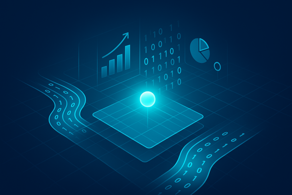 Abstract data landscape with glowing grids, binary streams, and interconnected shapes in neon blue tones.