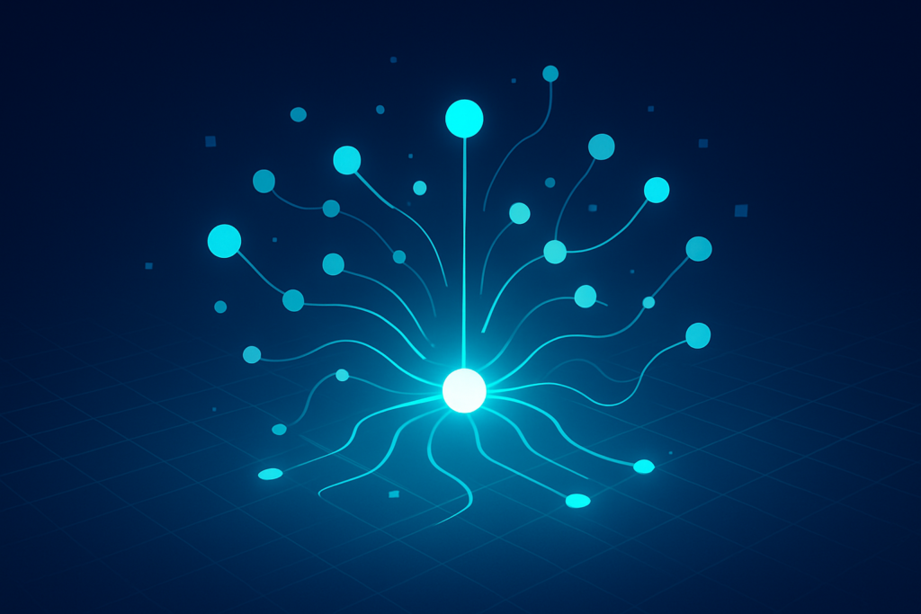 Abstract data network with glowing nodes and flowing lines in a dark blue gradient background.