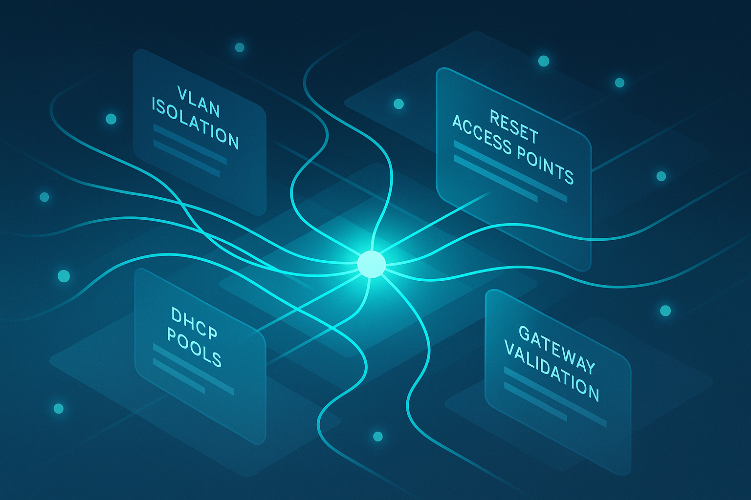 Abstract digital command center with glowing network threads, geometric shapes, and a central core.
