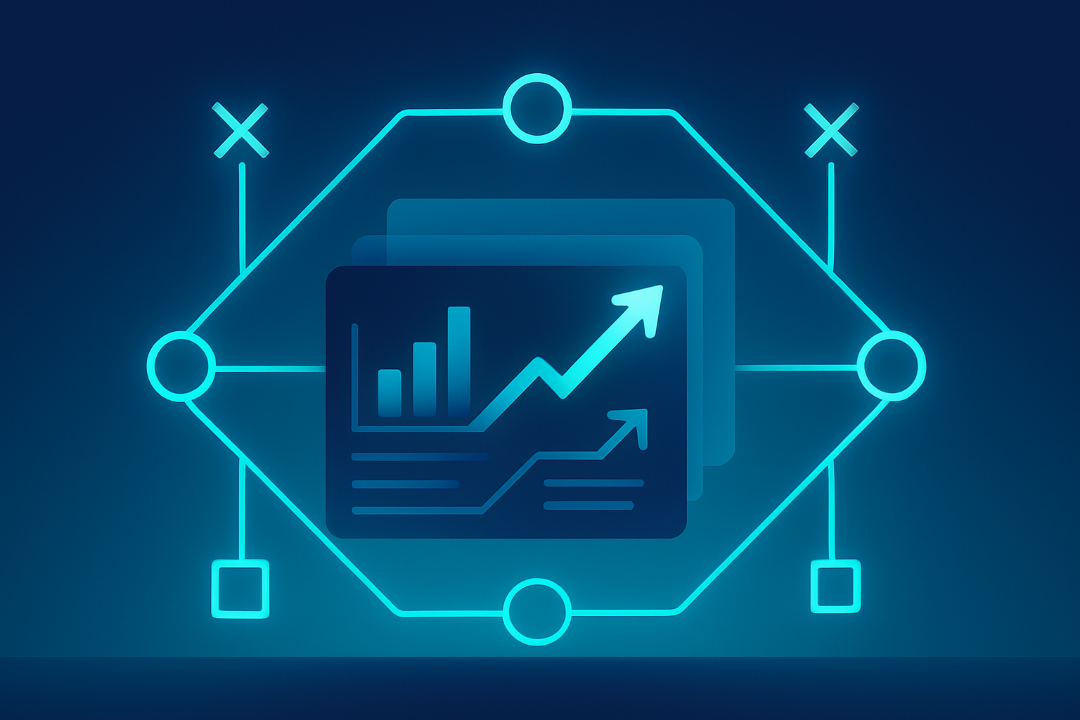 Abstract digital command center with glowing nodes, geometric shapes, charts, and data streams.