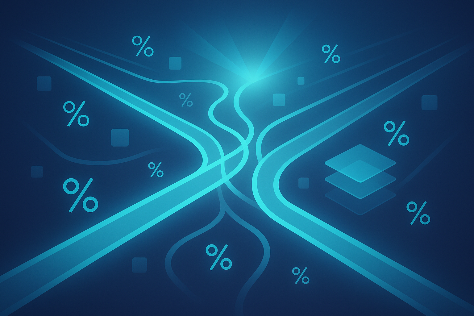 Abstract digital crossroads with glowing pathways, data nodes, and symbols for marketplace strategies.