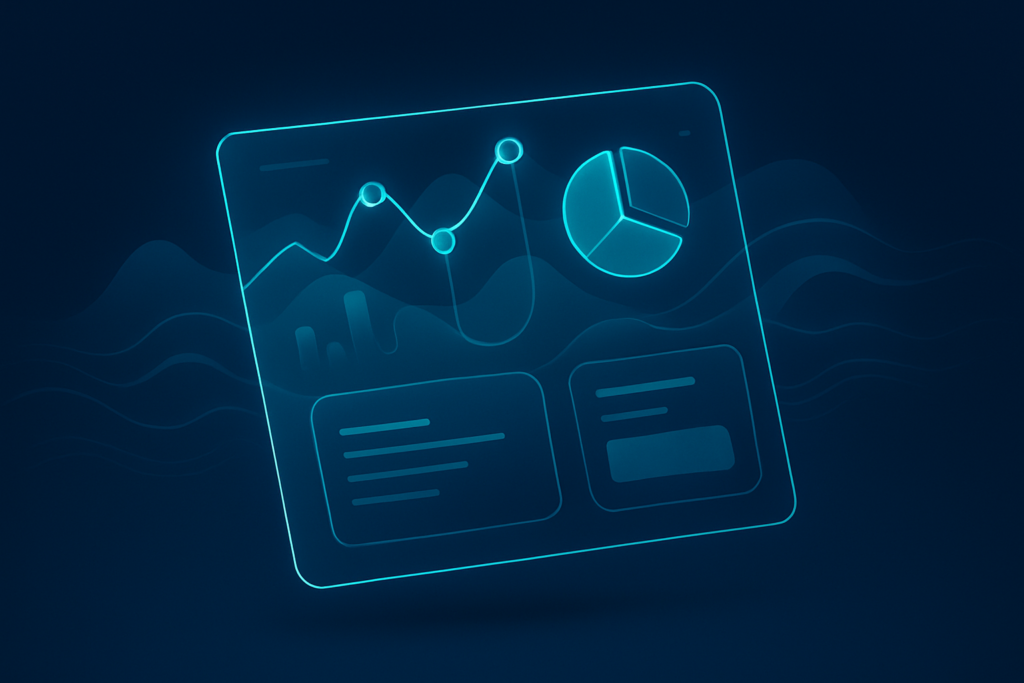 Abstract digital dashboard with glowing cyan nodes and interconnected data streams over dark background.