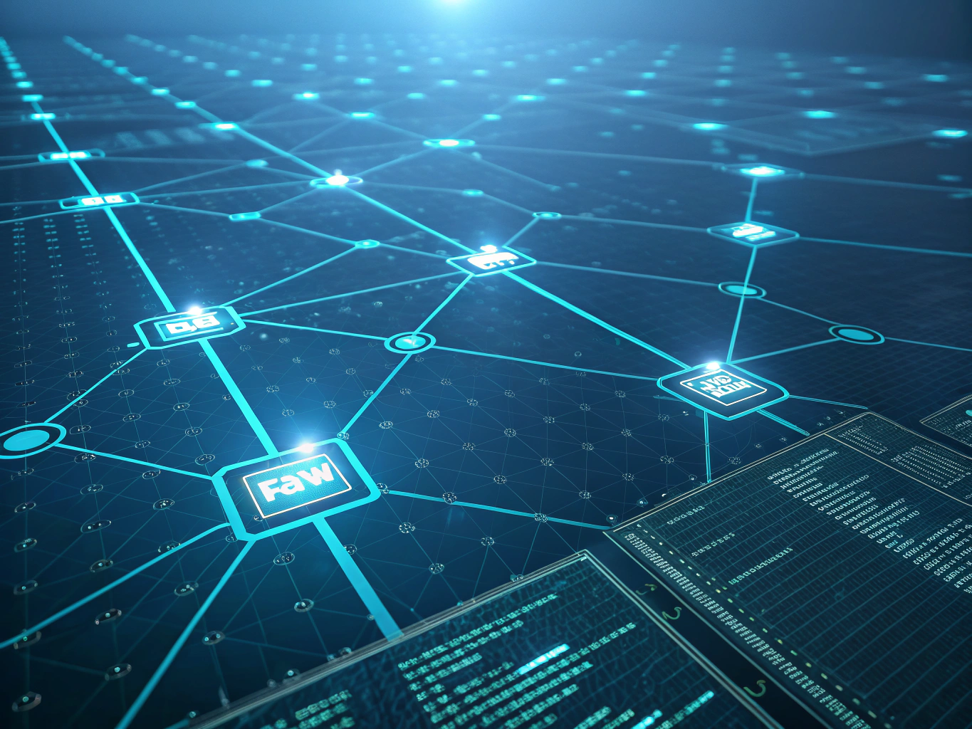 Abstract digital ecosystem with glowing cyan neural pathways, data nodes, and layered geometric grids.