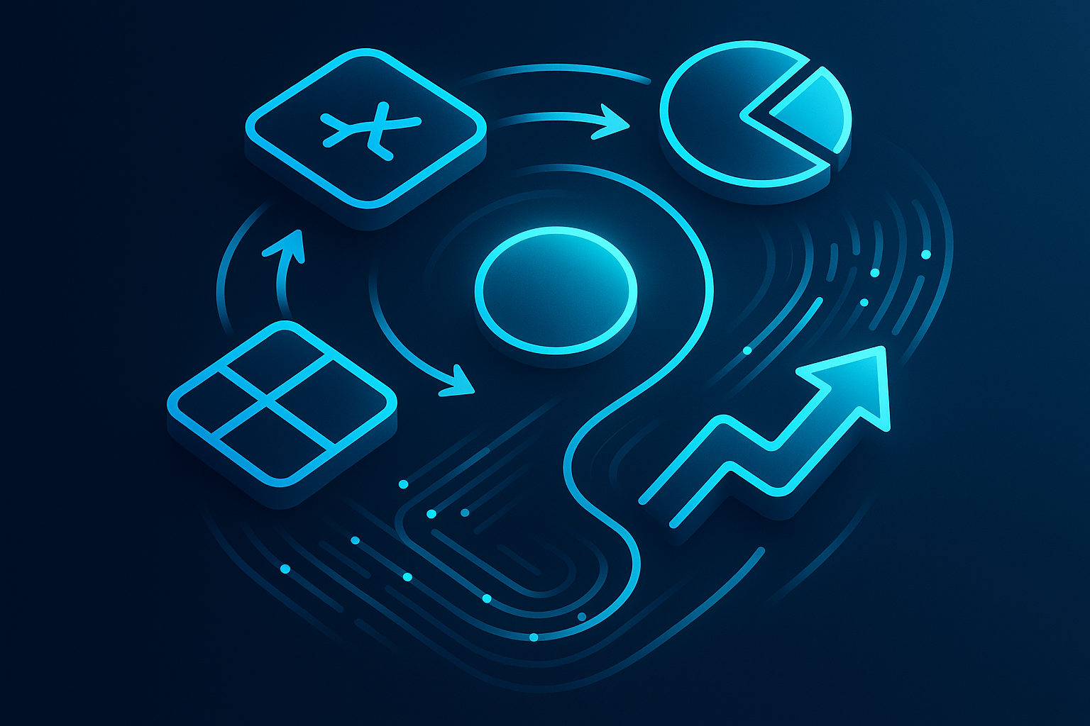 Abstract digital ecosystem with glowing geometric shapes, flowing data streams, and interconnected arrows.