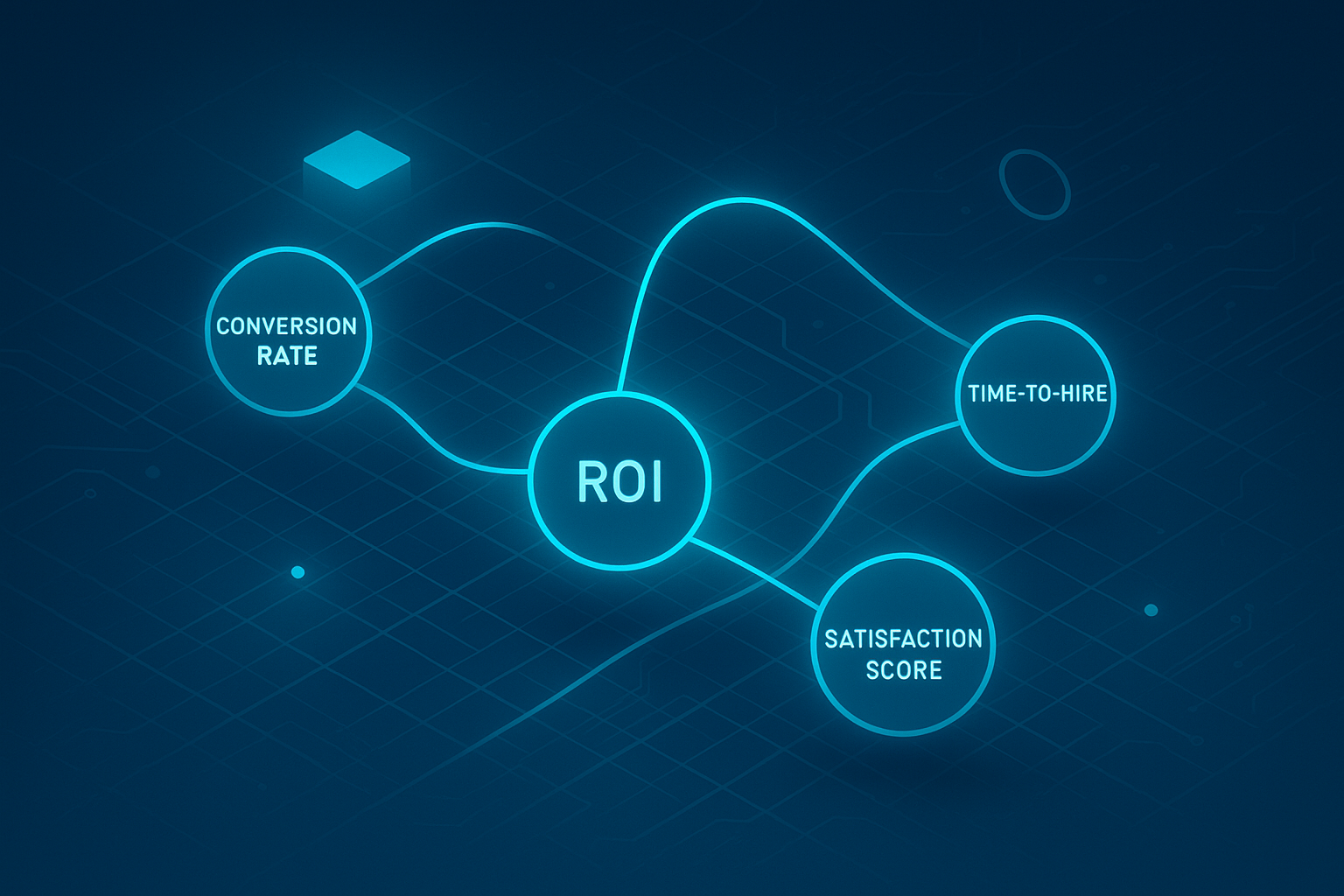 Abstract digital illustration of glowing nodes and lines representing data flow and KPIs in a tech-inspired scene.