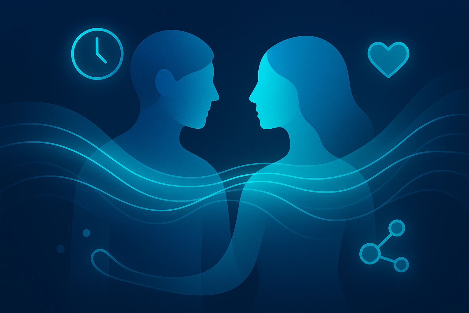 Abstract digital illustration of intertwined human silhouettes with floating icons on dark neon backdrop.