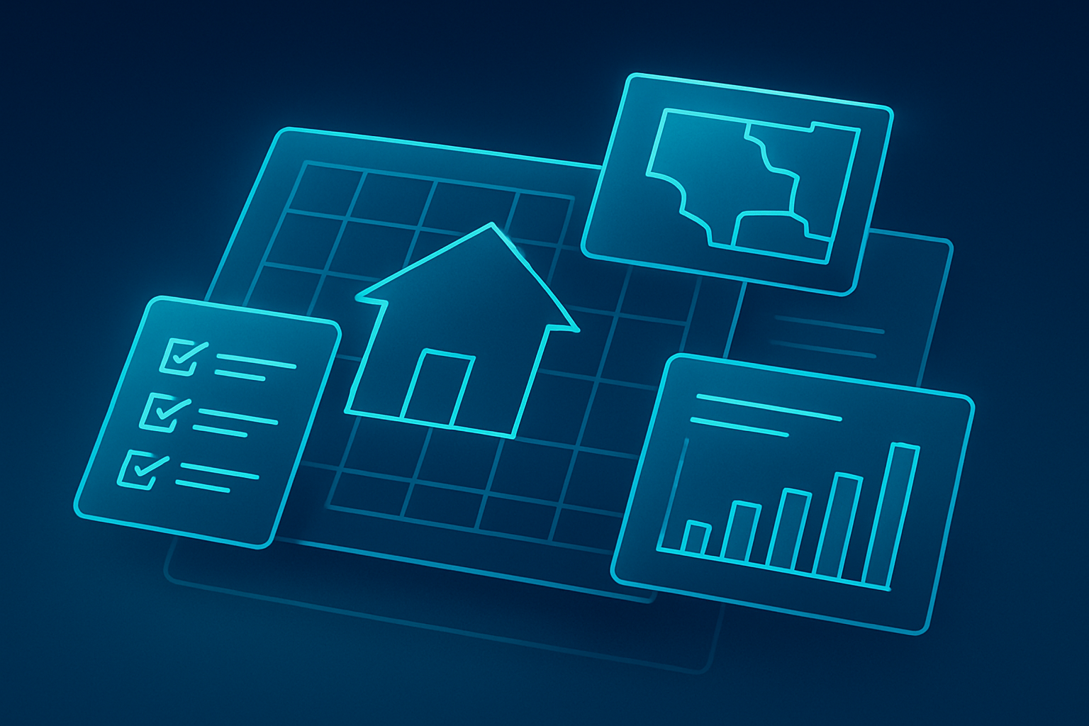 Abstract digital illustration of layered blueprints, checklists, and data charts with neon cyan glow.