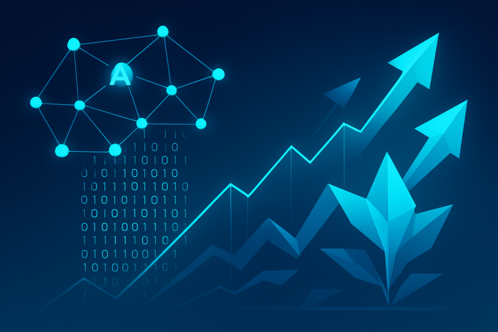 Abstract digital illustration of neural networks, binary code, and origami shapes on a dark blue gradient background.