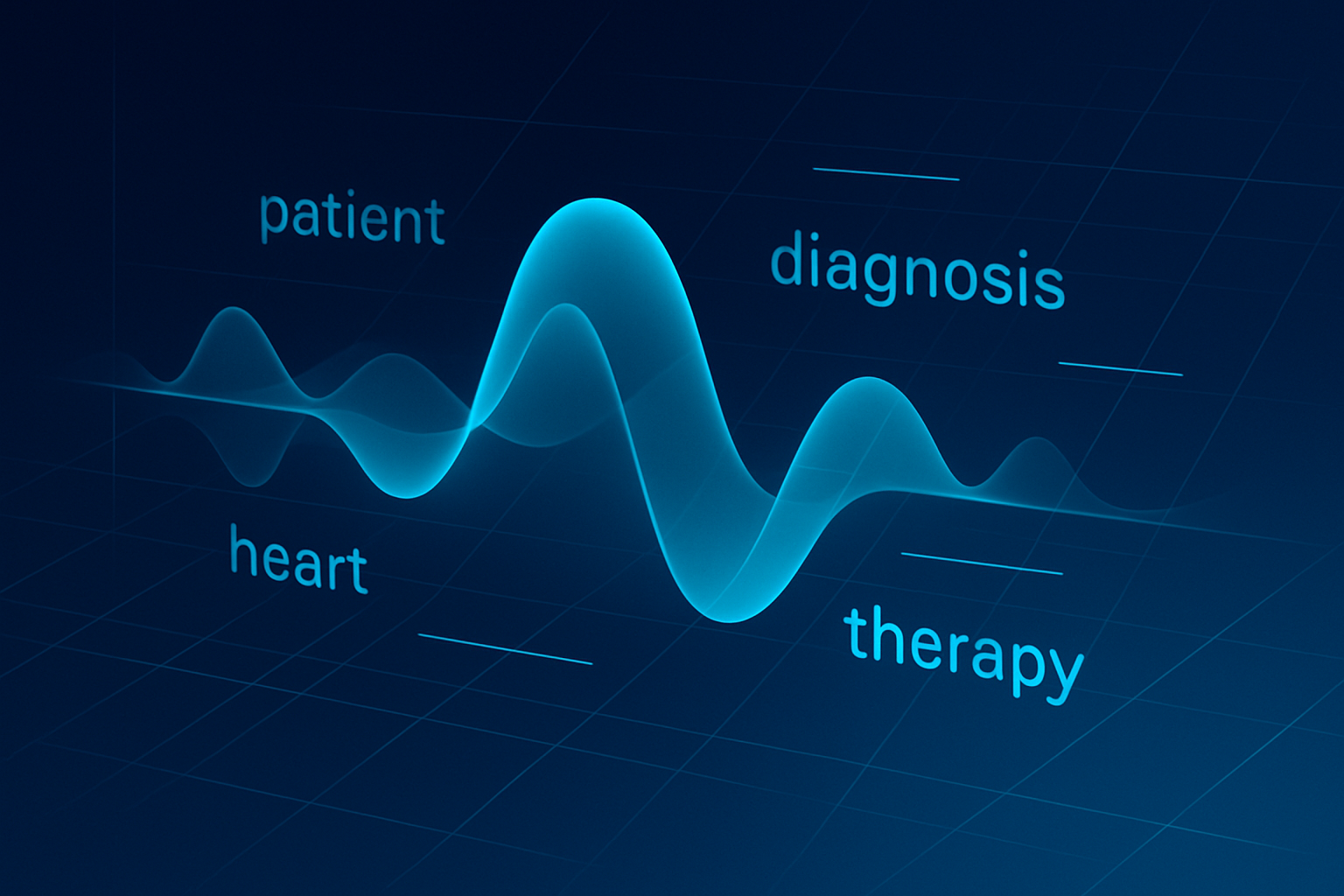 Abstract digital illustration of waveform patterns and medical vocabulary on a dark gradient background.