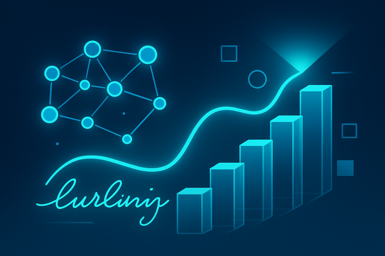 Abstract digital illustration with glowing nodes, flowing script, and geometric financial shapes.