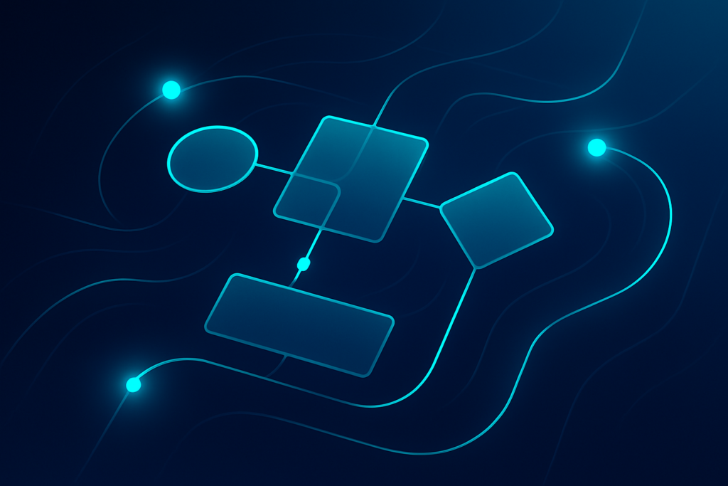 Abstract digital illustration with interconnected geometric shapes and glowing flow lines in dark blue and cyan.