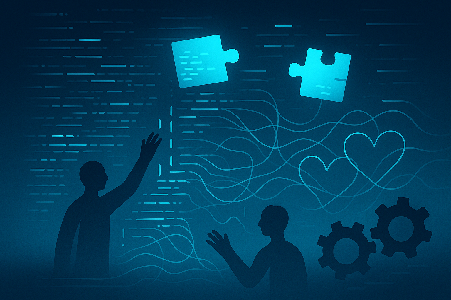 Abstract digital landscape with glowing text, human silhouettes, puzzle pieces, gears, and connecting threads.