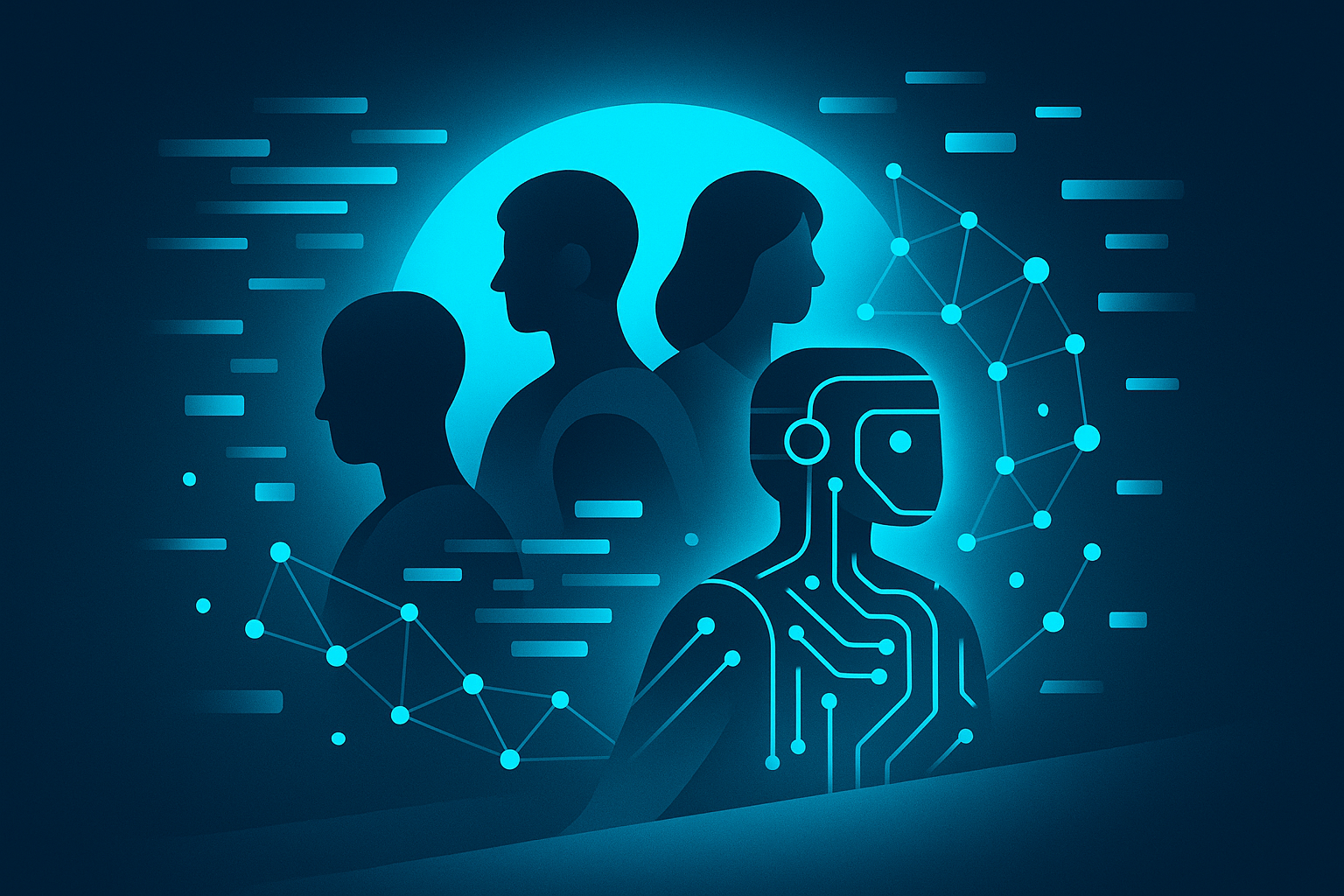 Abstract digital landscape with human silhouettes, AI forms, data streams, and network nodes.