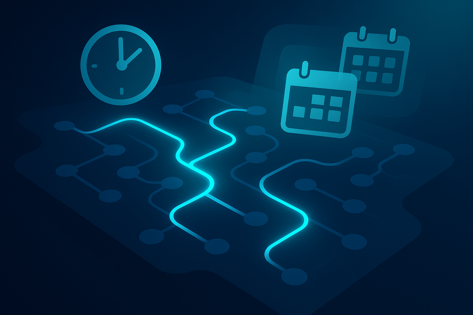 Abstract digital map with glowing cyan pathways, nodes, clocks, and calendars on dark gradient background.