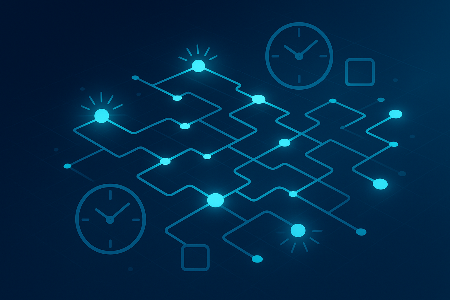 Abstract digital network map with glowing cyan nodes, pathways, clocks, and geometric shapes on dark gradient background.