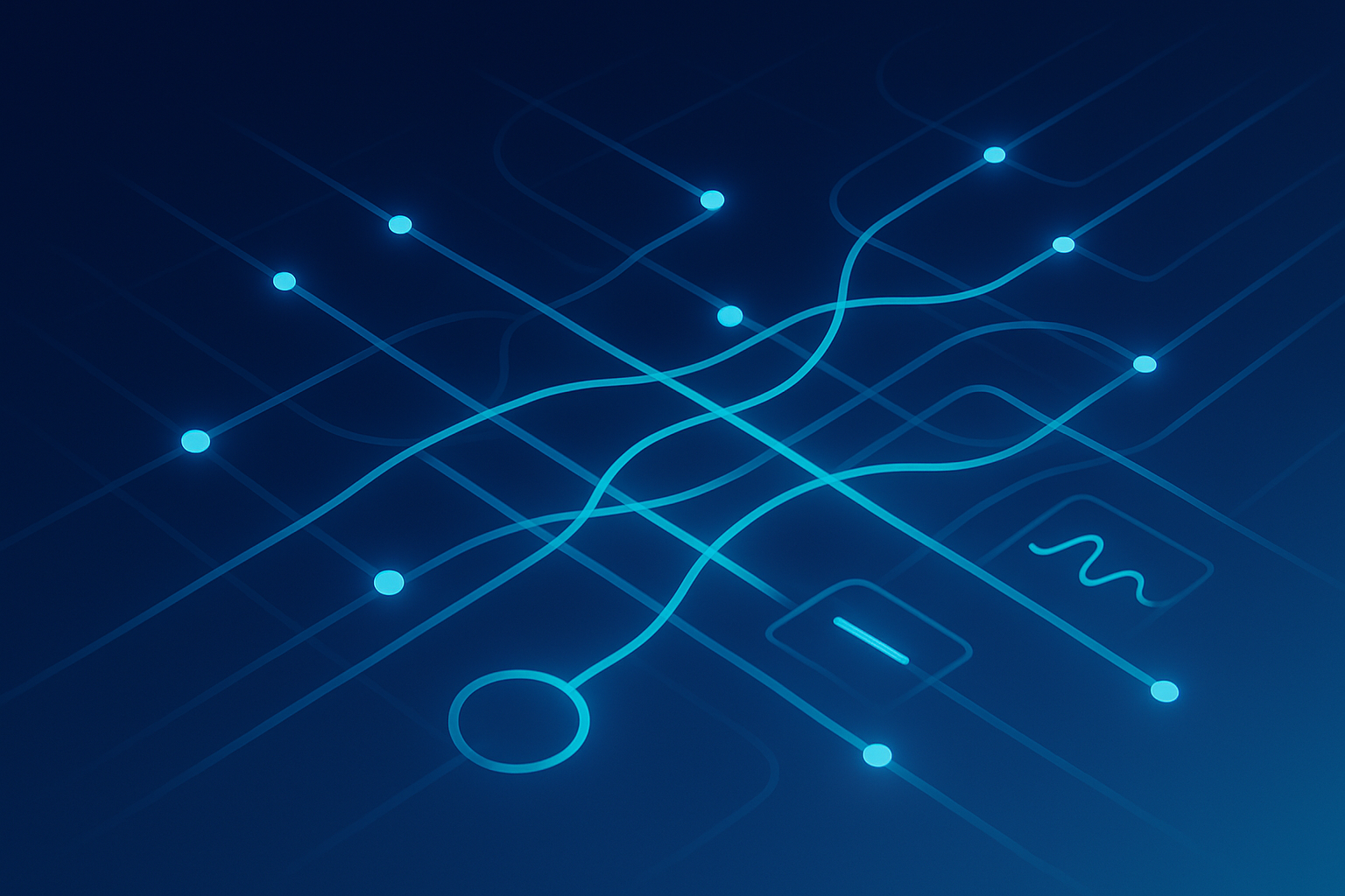Abstract digital network with glowing lines, nodes, and geometric shapes on dark gradient background.