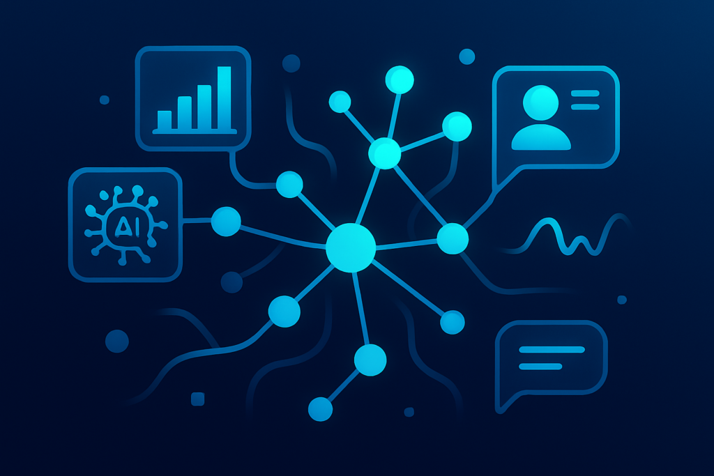 Abstract digital network with glowing neural nodes, data streams, geometric shapes, and growth charts.