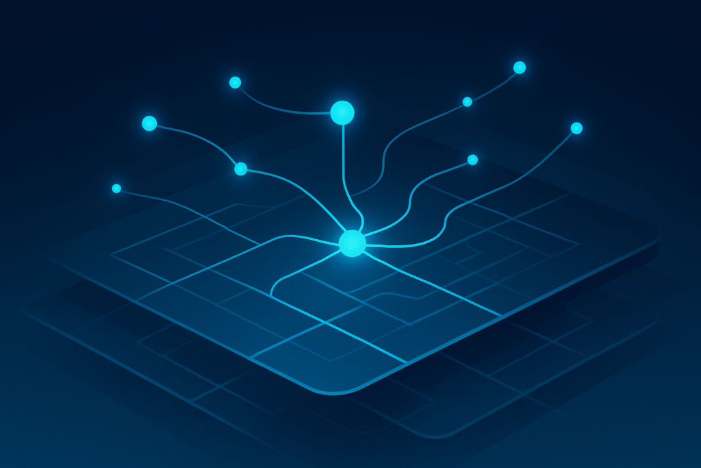 Abstract digital network with glowing nodes and flowing lines on dark neon background.