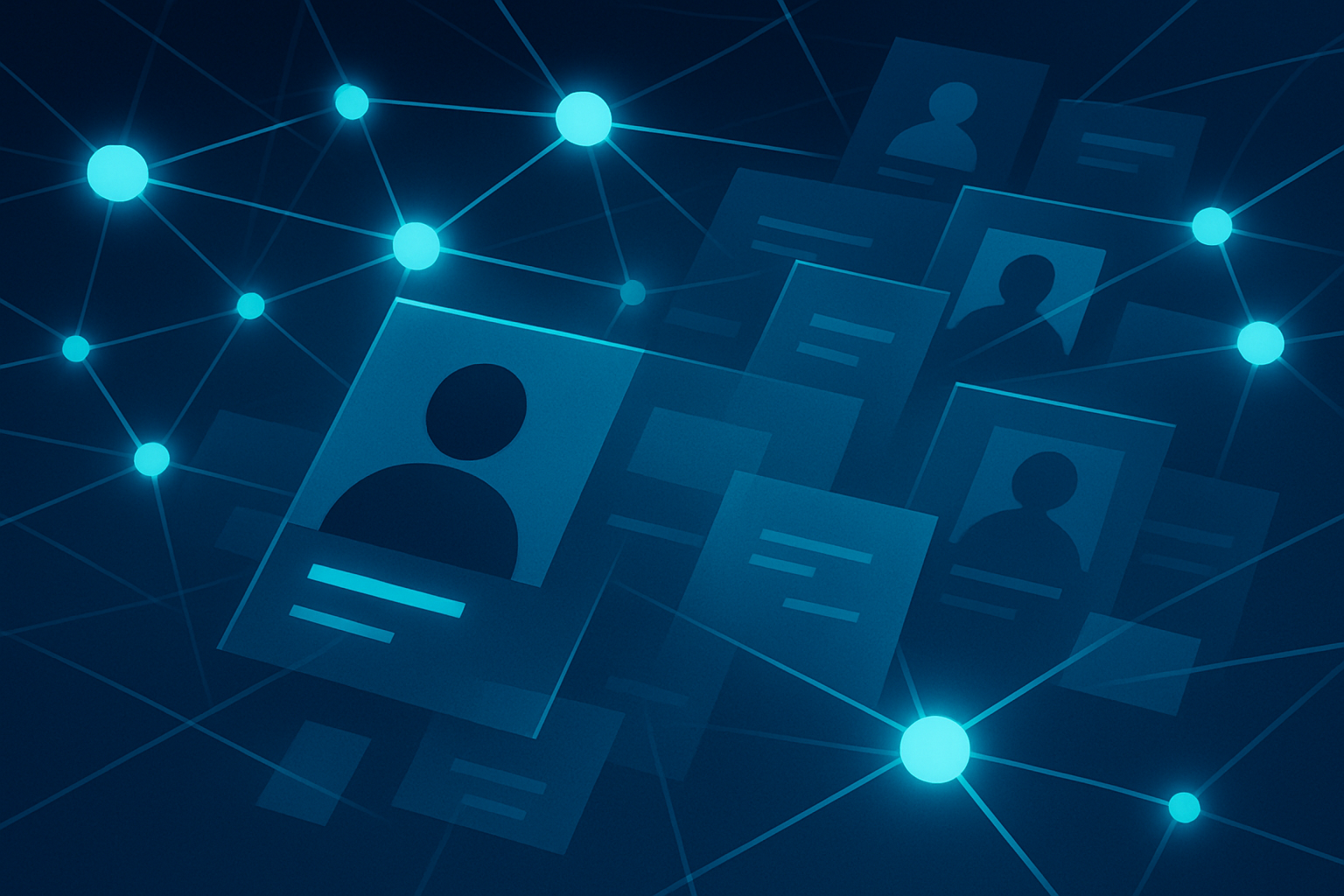 Abstract digital network with glowing nodes, data sheets, and layered profiles in dark blue tones.
