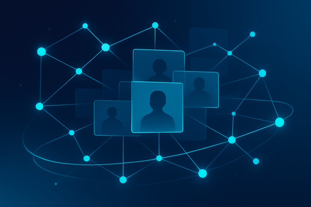 Abstract digital network with glowing nodes, translucent panels, and flowing data streams.