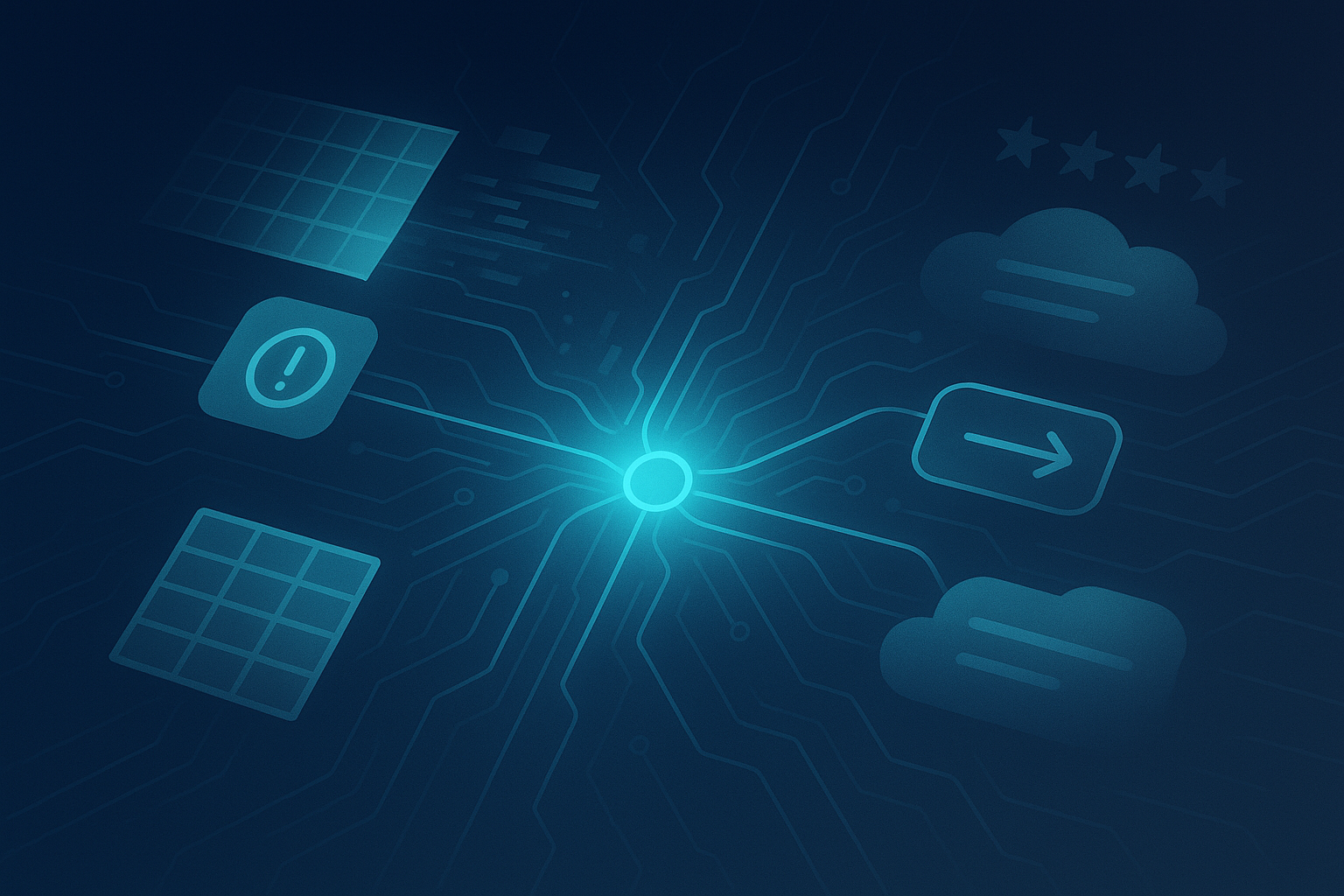 Abstract digital nexus with glowing cyan lines, circuits, data streams, and floating grids.